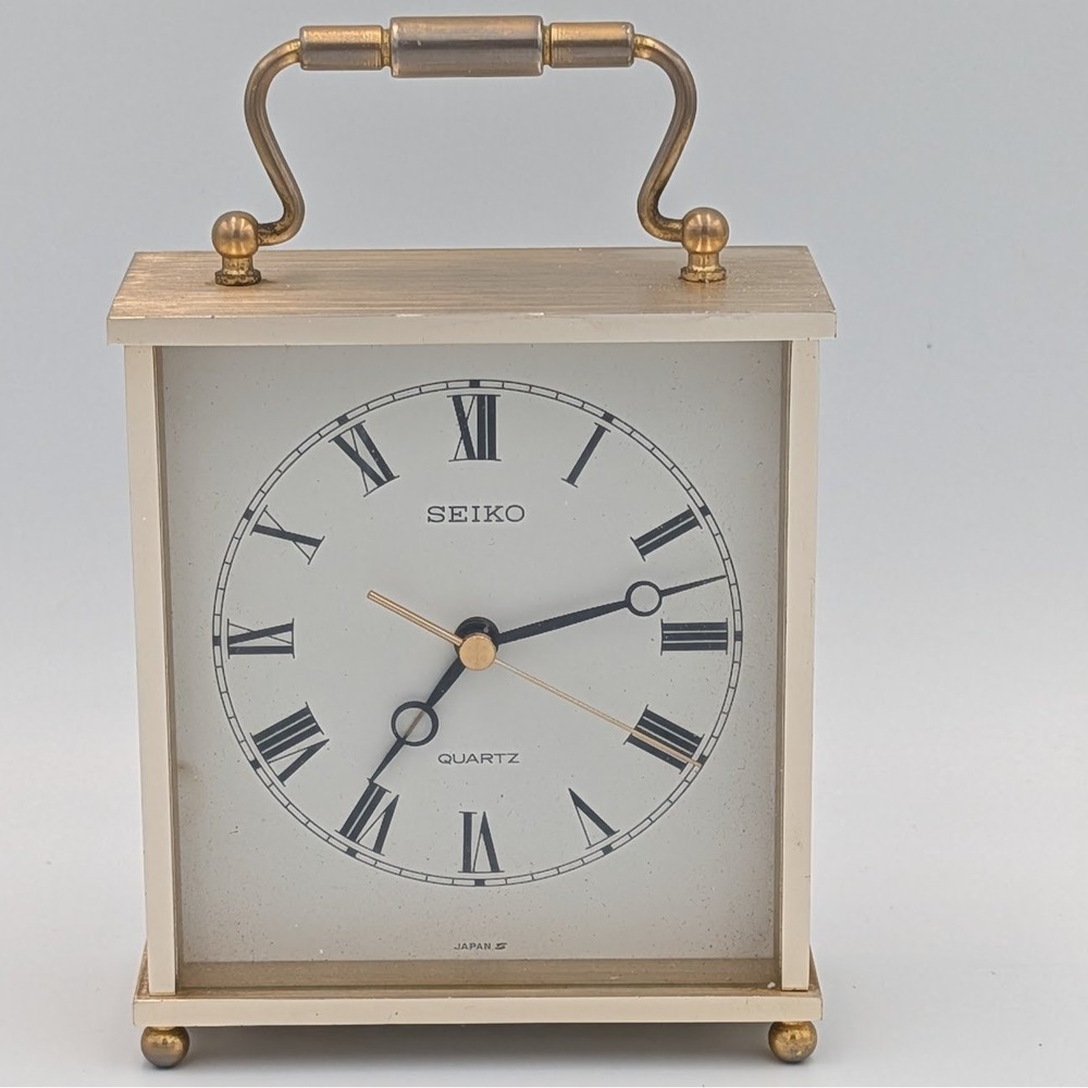 Seiko Quartz Alarm Clock Vintage Brass Tone Carriage Style Roman Numerals QP285A